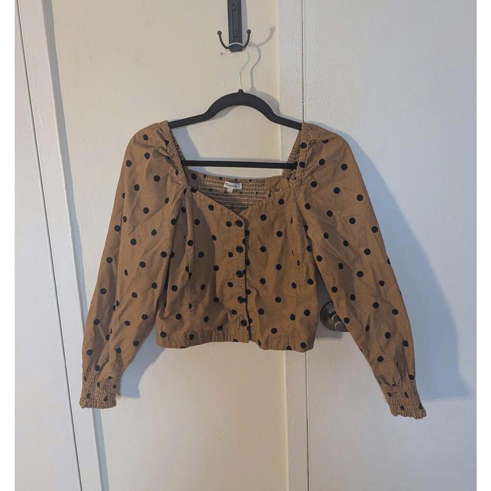 Madewell Tan and Black Polka Dot Corduroy Sweetheart Smocked-Back Top